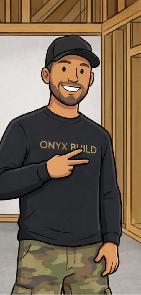 An illustrated portrait of Kyle, a professional builder at Onyx Builders, representing expert craftsmanship and construction management.